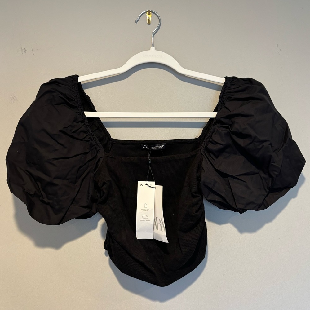 Women's Black Zara Puff Short Sleeve Top - Size Small NWT - Picture 5 of 11